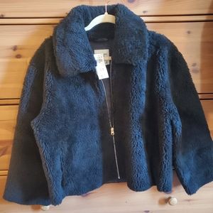 NWT Abercrombie & Fitch Black Furry Collared Zip Up Jacket